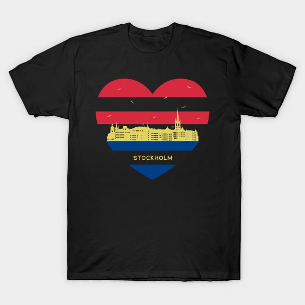 Sweden Skyline cityscape Heart Shape Birds Flying Stockholm T-Shirt by Msafi